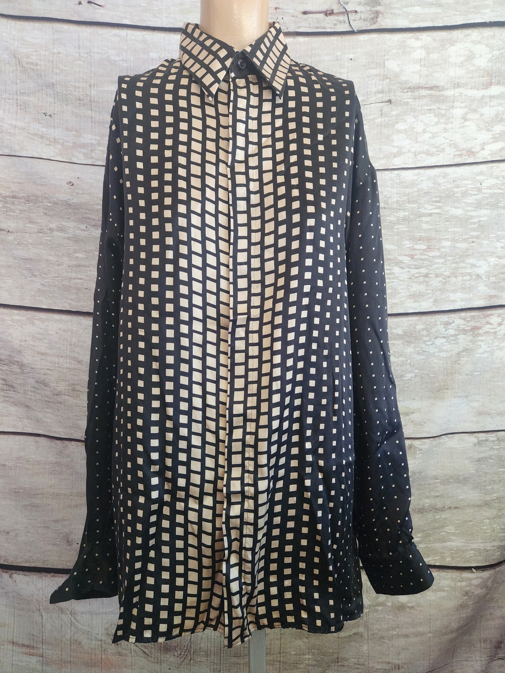 Black and Cream Silk Geometric Button-Front Blouse